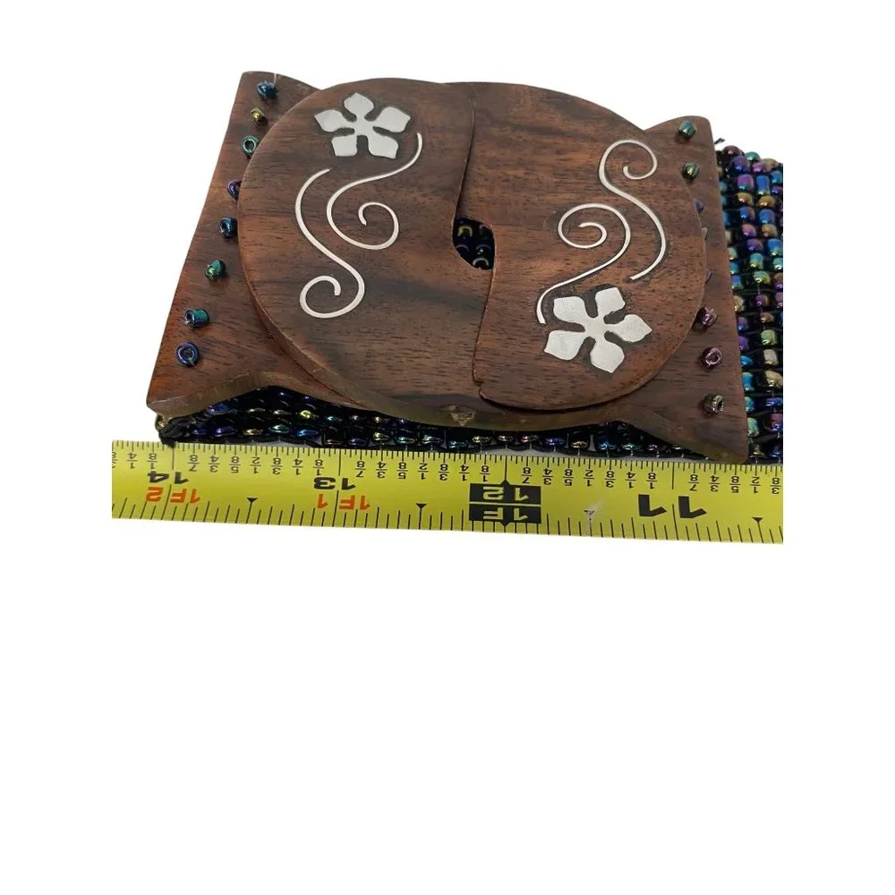 Handmade seed beaded belt stretchy multicolor inlaid‎ wood floral 2.5